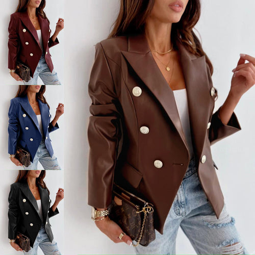 Damen eleganter Kunstleder Blazer mit doppelter Knopfleiste EB