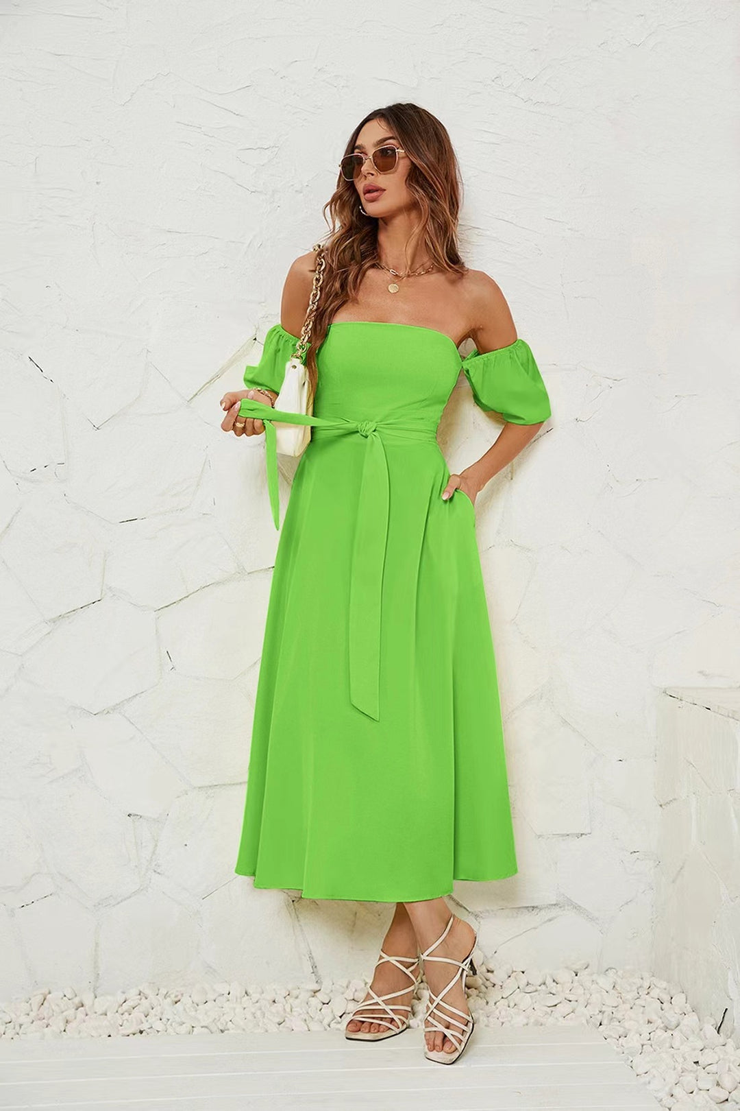 Damen Off-Shoulder Maxikleid mit geknotetem Taillengürtel EB