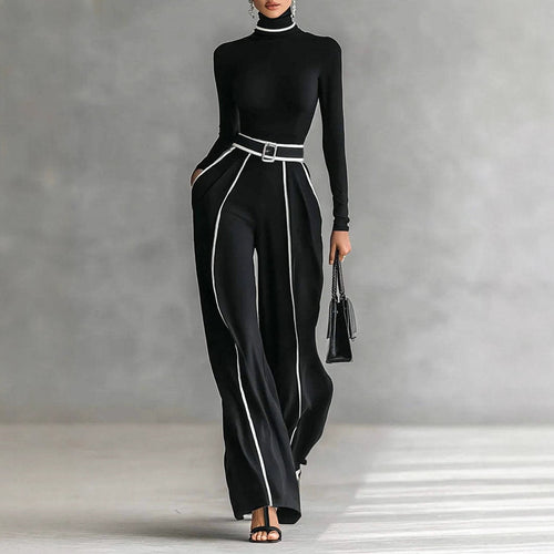 Damen nan elegantes Strickset mit tailliertem Rollkragenoberteil und weiter Plisseehose mit Taillengürtel EB