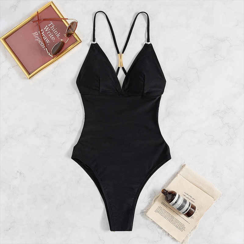 Damen Eleganter Einteiler Badeanzug mit goldenen Details EB