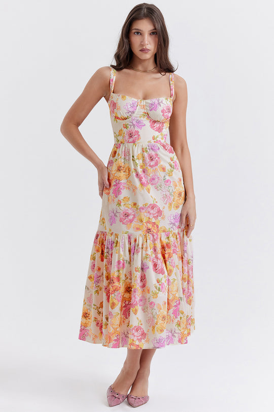 Damen Boho Maxikleid mit romantischem Blumendruck und voluminösem Rock EB