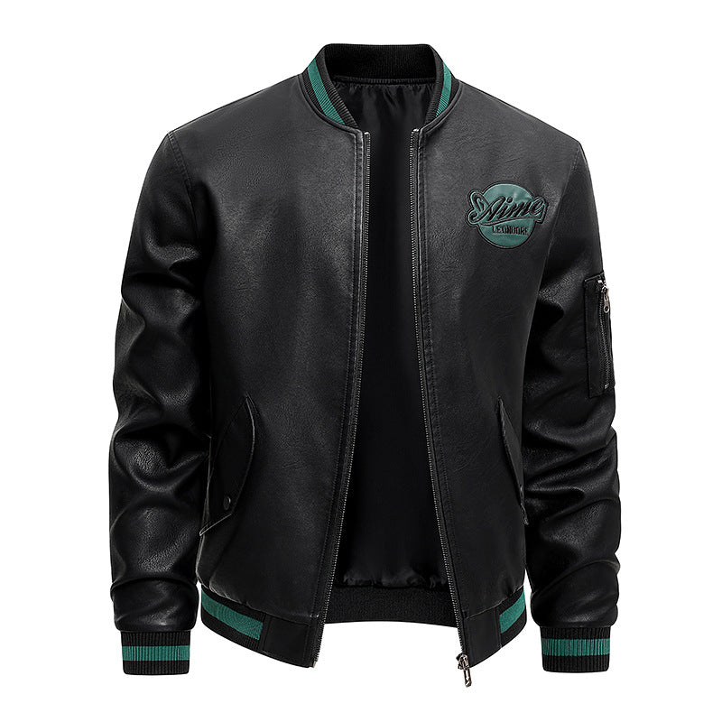 Men's  retro varsity leather-effect bomber jacket with embroidered chest badge and zip sleeve pocket EB
