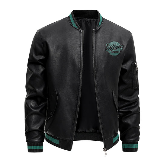 Men's  retro varsity leather-effect bomber jacket with embroidered chest badge and zip sleeve pocket EB