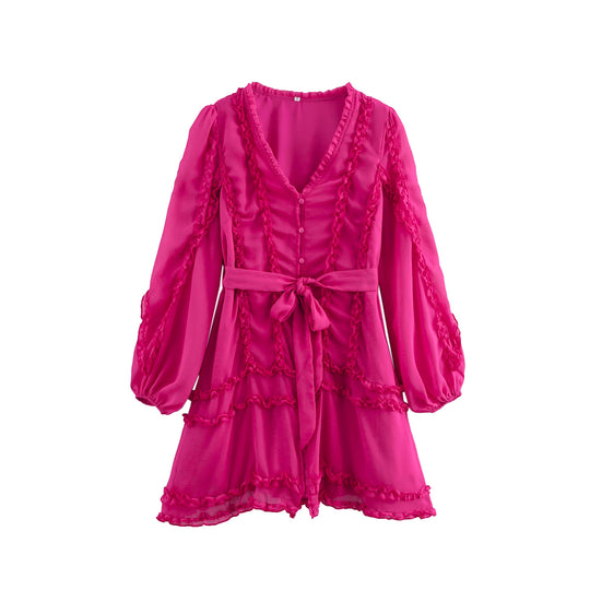 Damen verspieltes Minikleid mit Rüschendetails und Taillengürtel EB