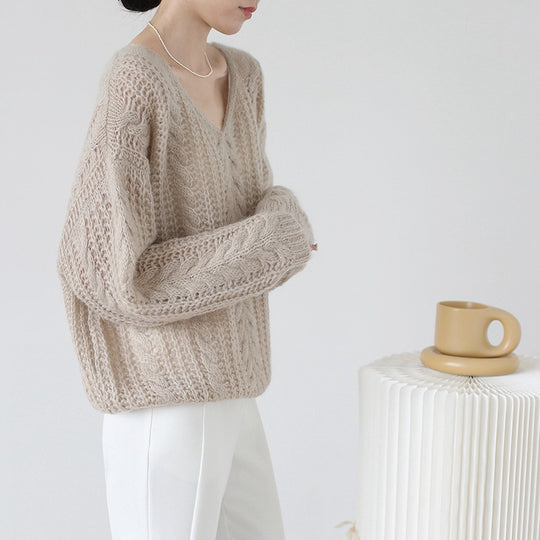 Damen Grobstrickpullover mit V-Ausschnitt und luftiger Struktur EB