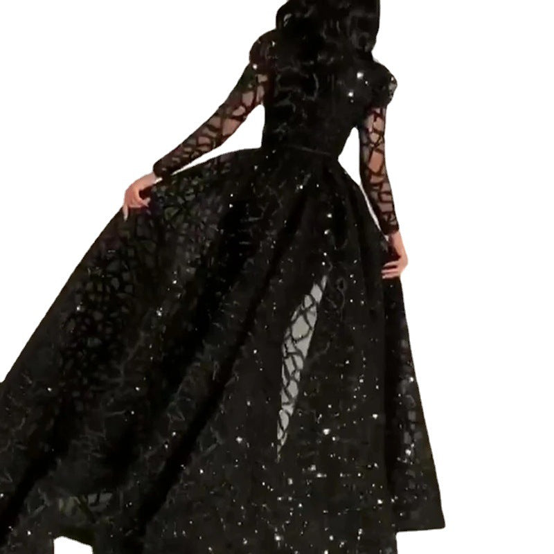 Damen Elegantes Abendkleid mit transparenten Ärmeln und glitzerndem Oberteil EB