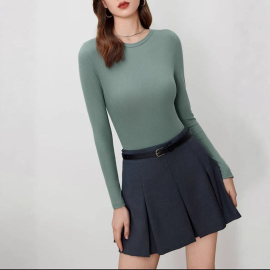 Damen Figurnahes geripptes Langarm-Basicshirt mit Rundhalsausschnitt und Stretch EB