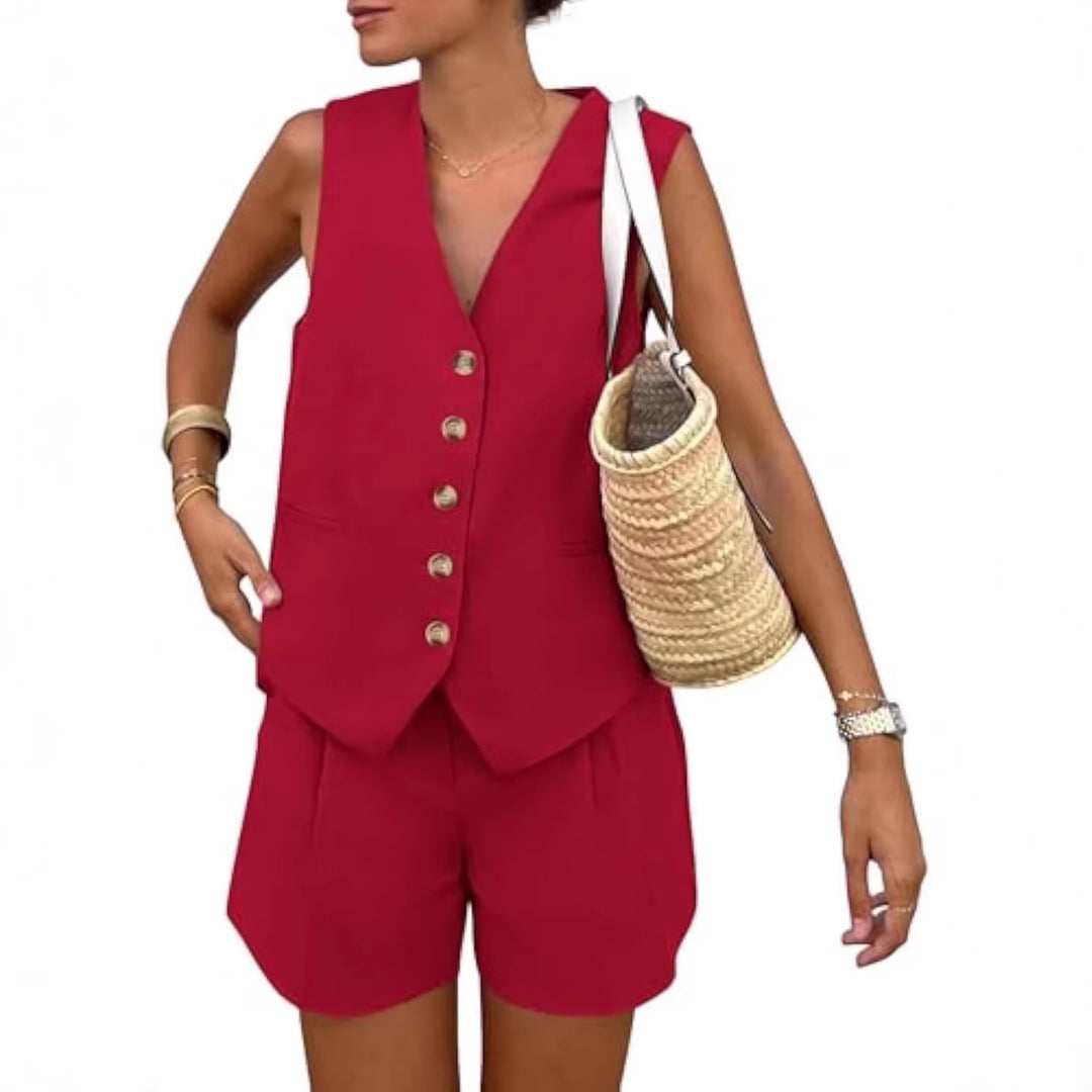 Damen elegantes Jumpsuit-Set mit tailliertem Schnitt und dekorativen Knopfdetails EB