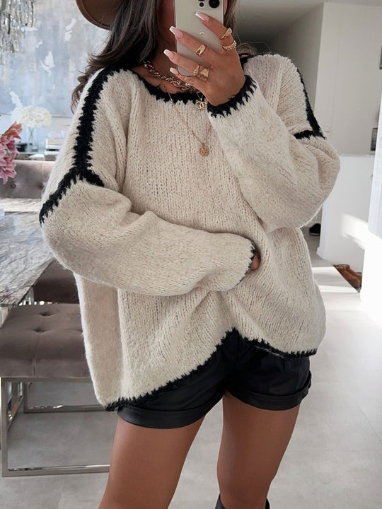 Damen Grobstrickpullover mit kontrastierendem Abschluss und lockerem Schnitt EB