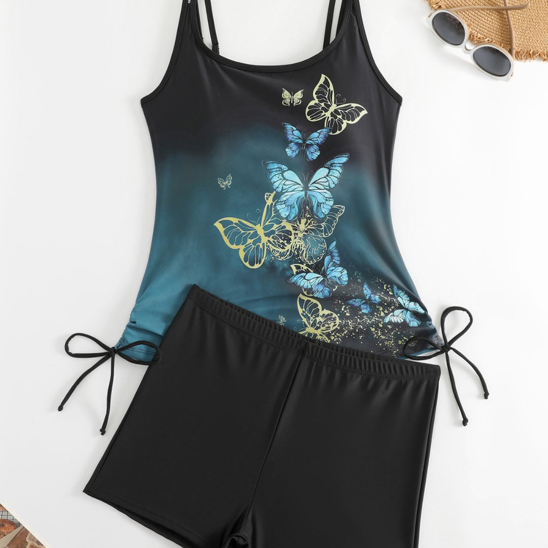 Damen Tankini mit Schmetterlingsmotiv und Badeshorts EB