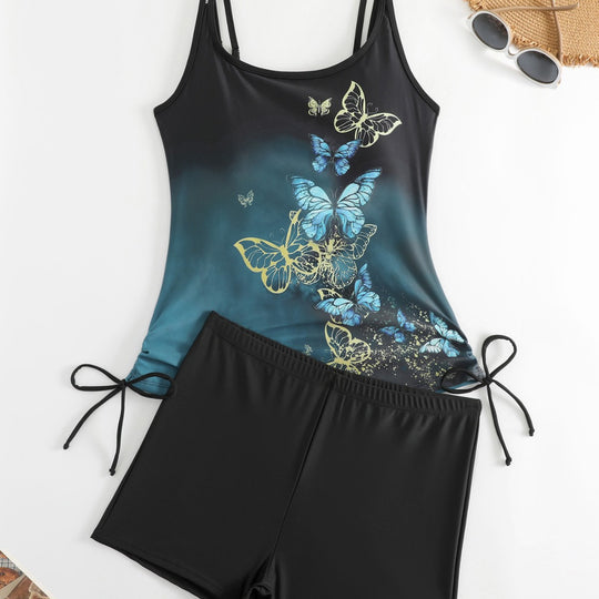 Damen Tankini mit Schmetterlingsmotiv und Badeshorts EB