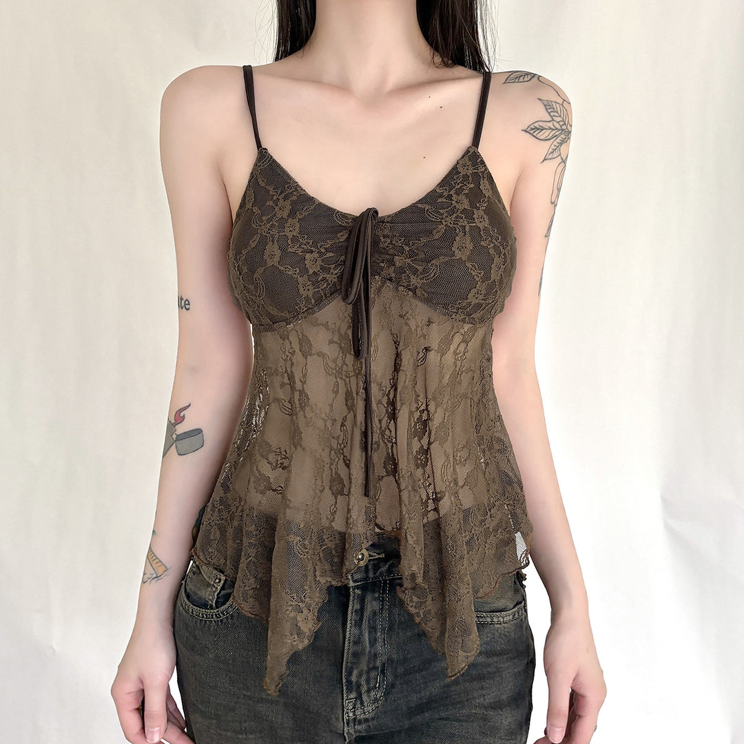 Damen Spitzen-Tanktop mit asymmetrischem Schnitt und dekorativem Bindeband EB