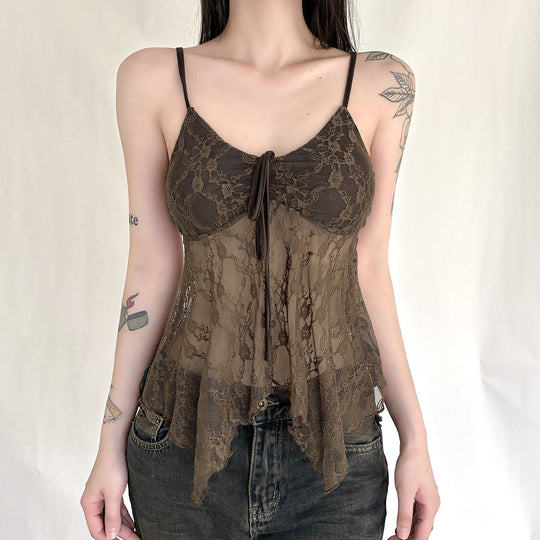 Damen Spitzen-Tanktop mit asymmetrischem Schnitt und dekorativem Bindeband EB
