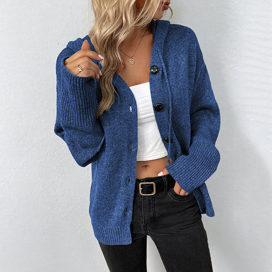 Damen Strickjacke mit Kapuze und Knöpfen EB