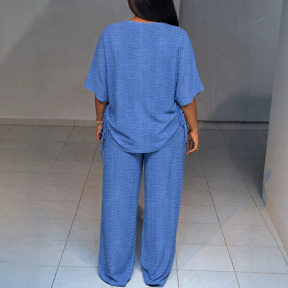 Damen Oversize-Lounge-Set mit V-Ausschnitt, seitlicher Raffung und weiter Palazzohose EB