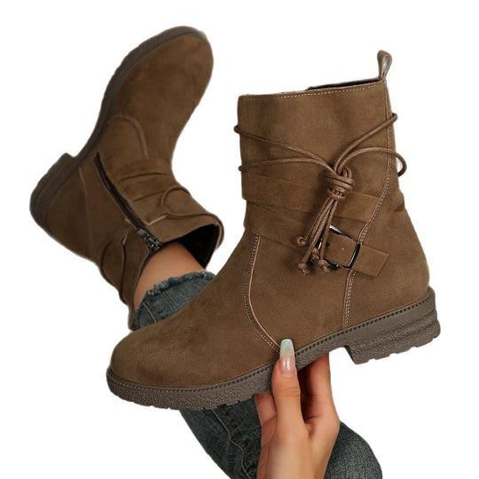 Damen nan knöchelhohe Velourslederoptik-Stiefelette mit Leopardenprint-Falte, seitlichem Reißverschluss und dekorativer Schnalle EB