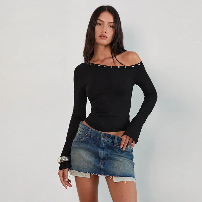 Damen Off-Shoulder Oberteil mit modischen Knöpfen und figurbetontem Schnitt EB