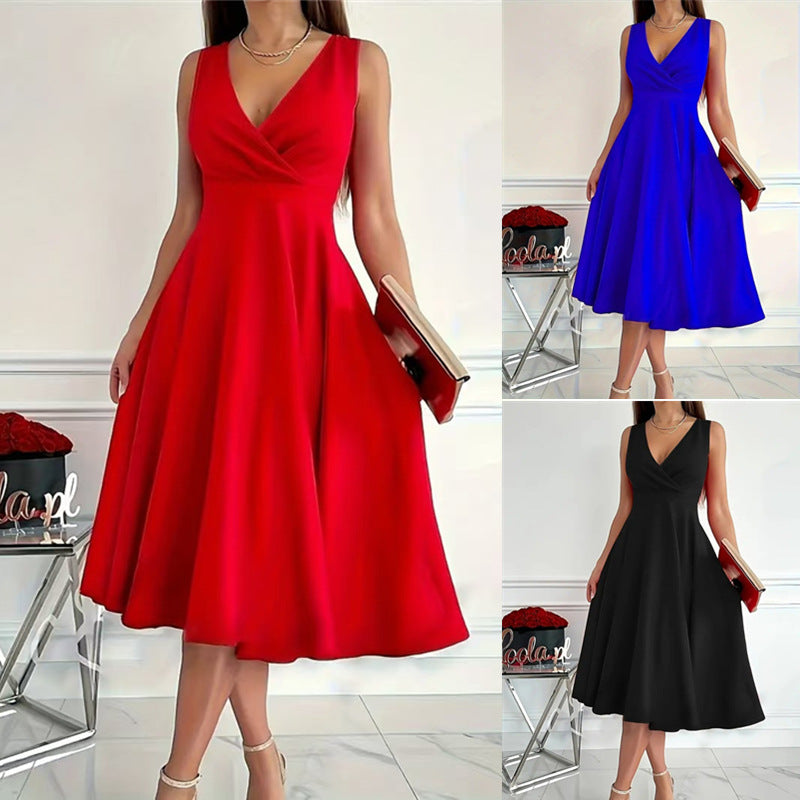 Damen elegantes A-Linie Wickelkleid mit V-Ausschnitt EB