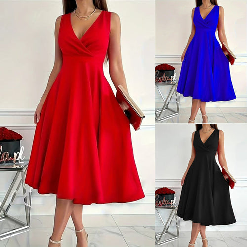 Damen elegantes A-Linie Wickelkleid mit V-Ausschnitt EB