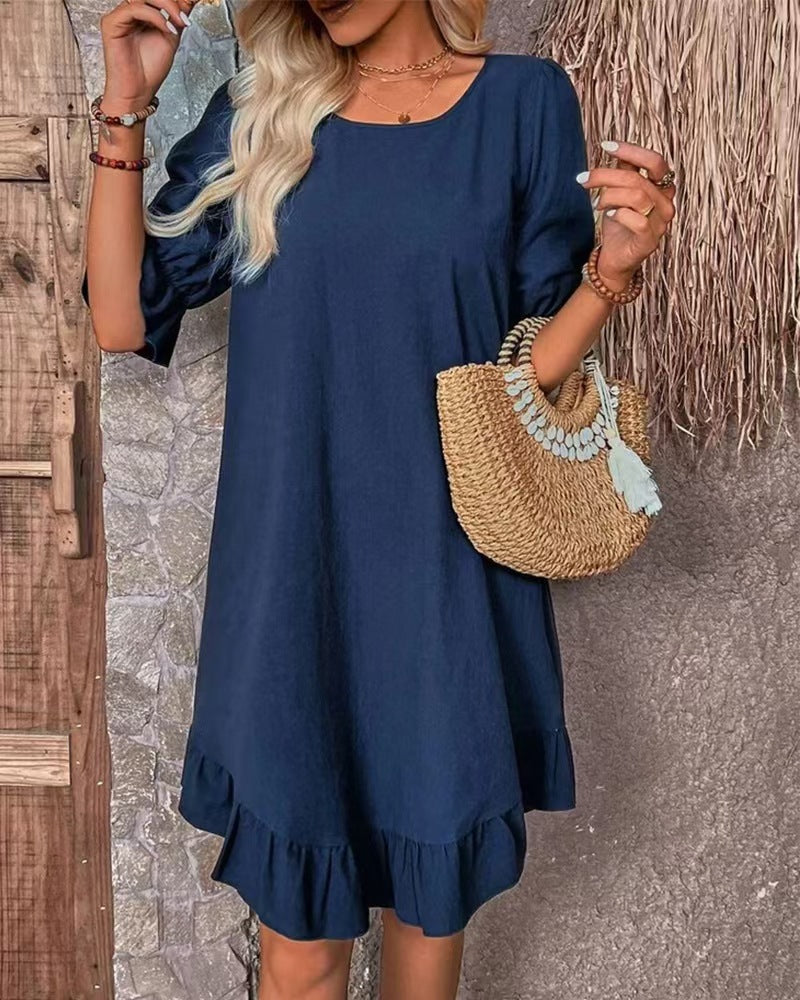 Damen nan luftiges A-Linien-Sommerkleid mit Volantbesatz und ellbogenlangen Ärmeln EB