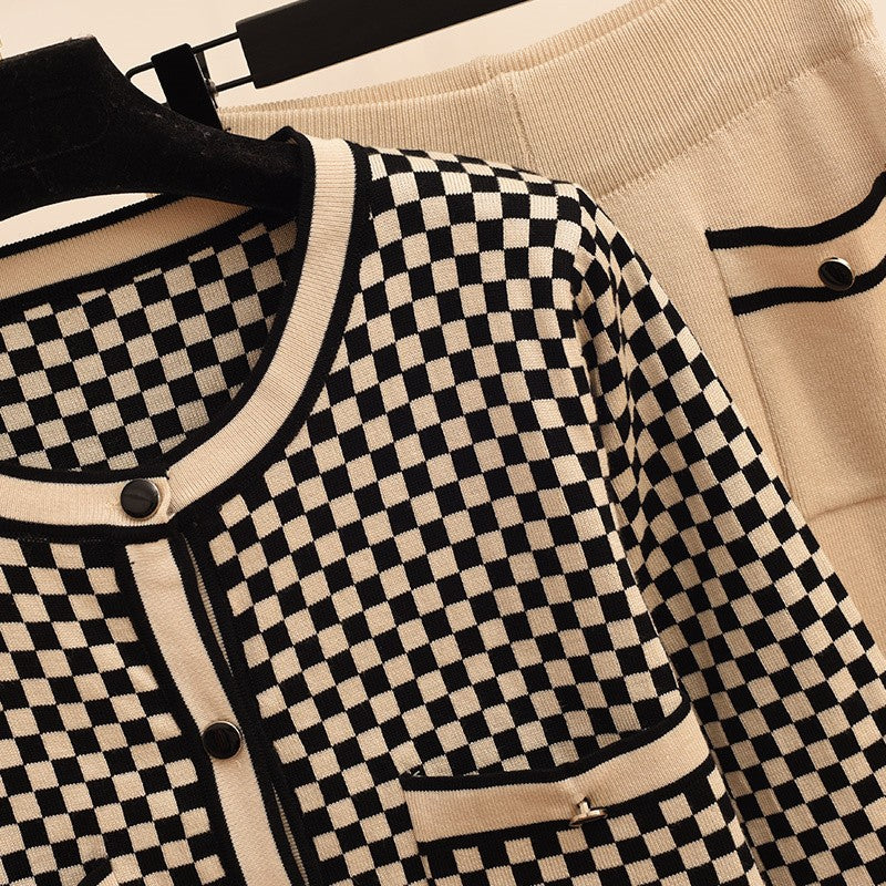 Damen Karomuster Strickensemble mit praktischen Taschen EB