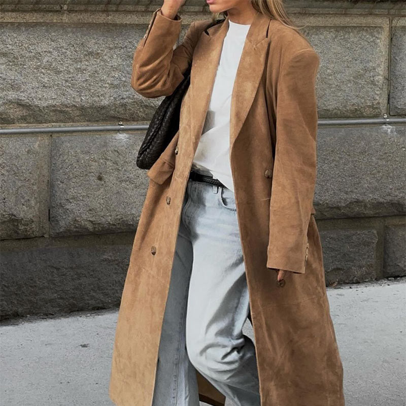 Damen Eleganter Wildleder-Trenchcoat mit doppelt geknöpftem Design EB