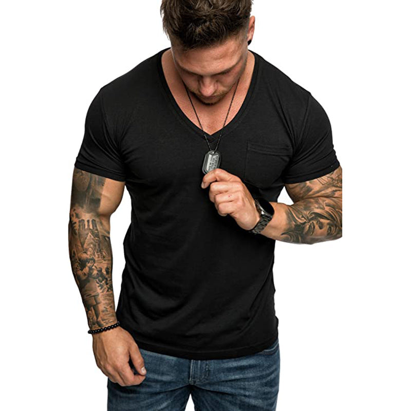 Herren V-Ausschnitt T-Shirt aus weicher Baumwolle mit Brusttasche EB
