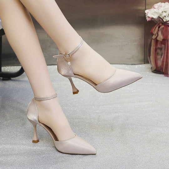 Damen elegante Spitze High Heels mit Riemchen und zierlichem Absatz EB