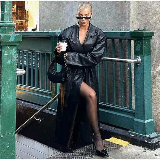 Damen elegante Kunstleder-Trenchcoat mit Gürtel EB