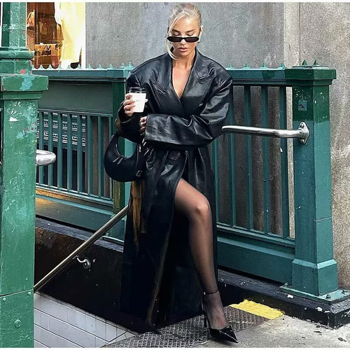 Damen elegante Kunstleder-Trenchcoat mit Gürtel EB