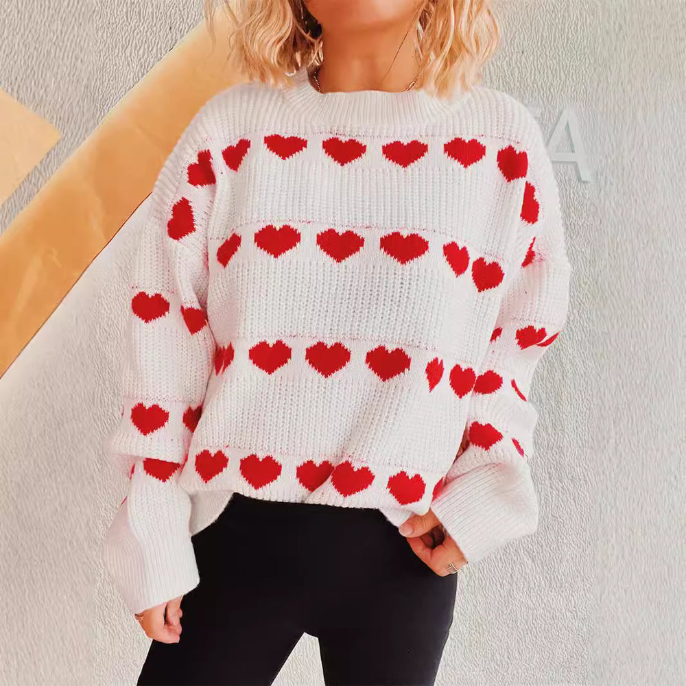 Damen gemütlicher Herzmuster-Strickpullover mit weiten Ärmeln EB