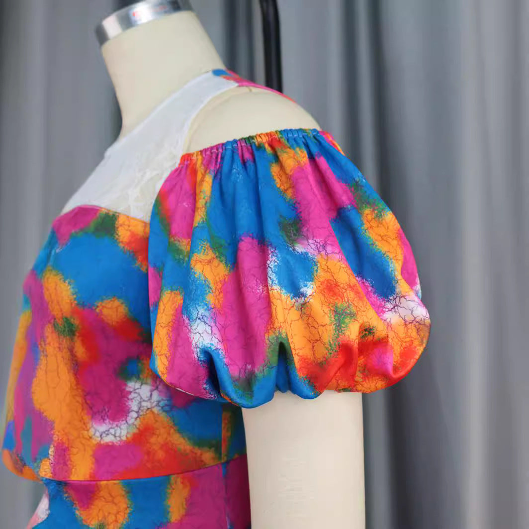 Damen Maxikleid mit voluminösen Puffärmeln und floralem Spitzenbesatz EB