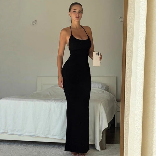 Damen elegantes Maxi-Kleid mit schmeichelndem Schnitt und raffiniertem Halterneck EB