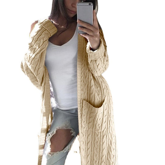 Damen gemusterter Strickmantel mit praktischen Taschen und offenem Schnitt EB