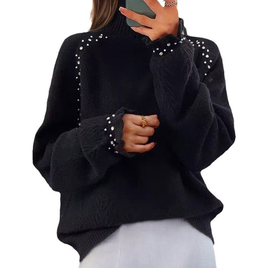 Damen nan Oversize Strickpullover mit Stehkragen und Perlendetails EB
