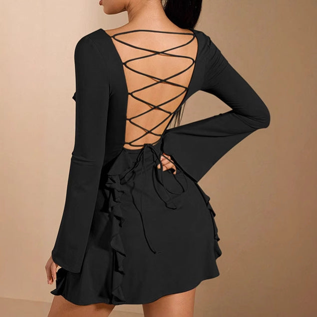 Damen elegantes Rüschenkleid mit tiefem Ausschnitt und langen Ärmeln EB