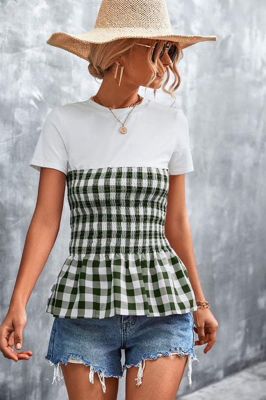 Damen Peplum-Oberteil mit kariertem Stoff und elastischer Taillierung EB