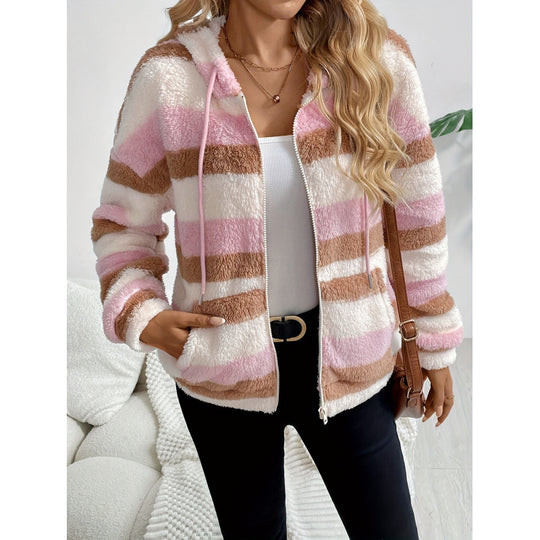Damen Fleecejacke mit Kapuze und Streifenmuster EB