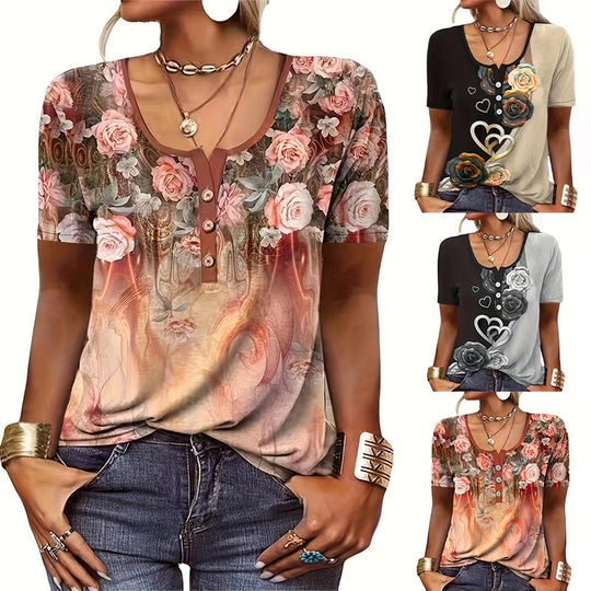 Damen Blusentop mit floralem Muster und Knopfdetails EB