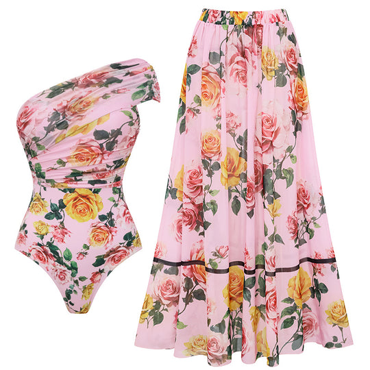 Damen Einseitiger Badeanzug mit floralem Drapierungsdesign EB