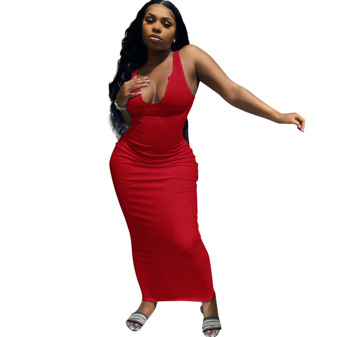 Damen Figurbetontes Maxikleid mit tiefem V-Ausschnitt und sportlichem Design EB