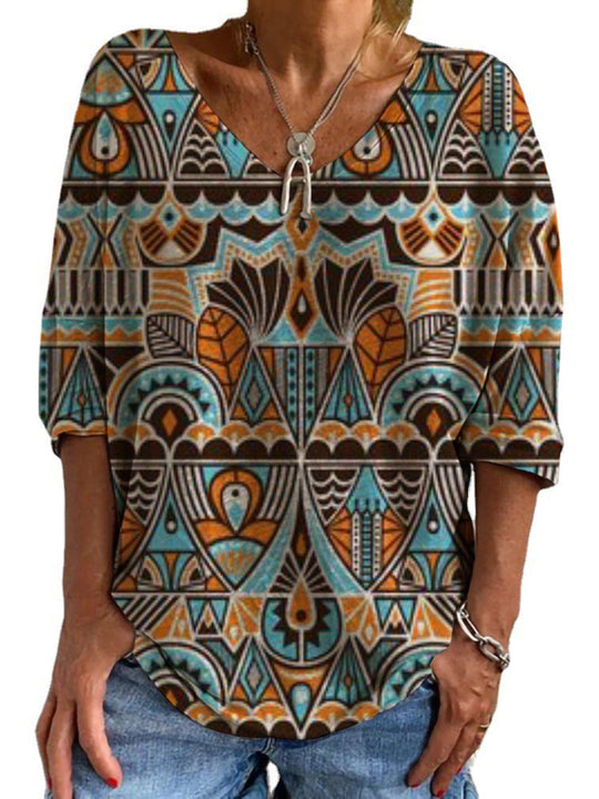 Damen Geometrische Boho-Tunika mit V-Ausschnitt und dreiviertelärmeln EB