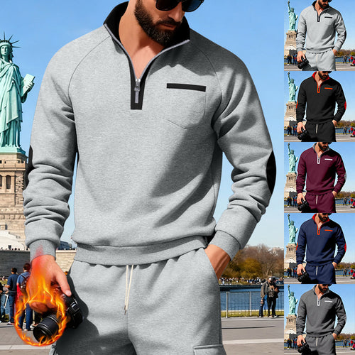 Herren nan Fleece-Quarterzip Pullover mit Brusttasche und Ellbogenpatches EB