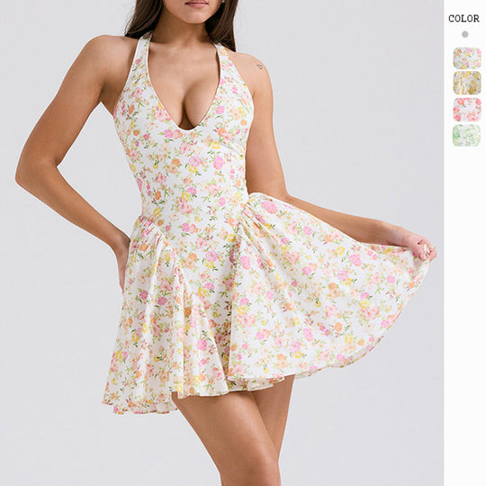 Damen Freizeitkleid mit tiefem V-Ausschnitt und verspieltem Rockteil EB