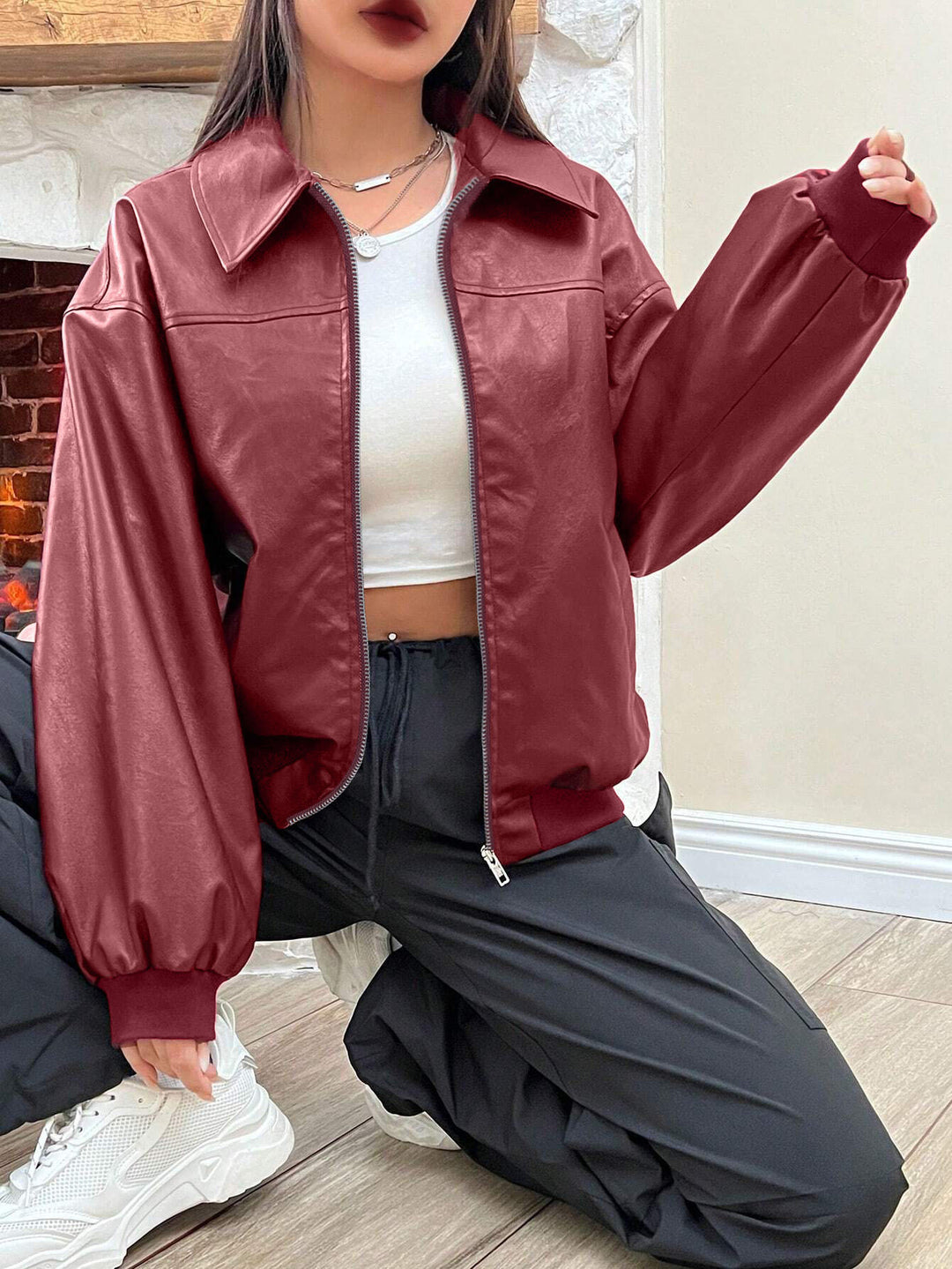 Damen Trendige Oversize-Jacke mit voluminösen Ärmeln und Reißverschluss EB