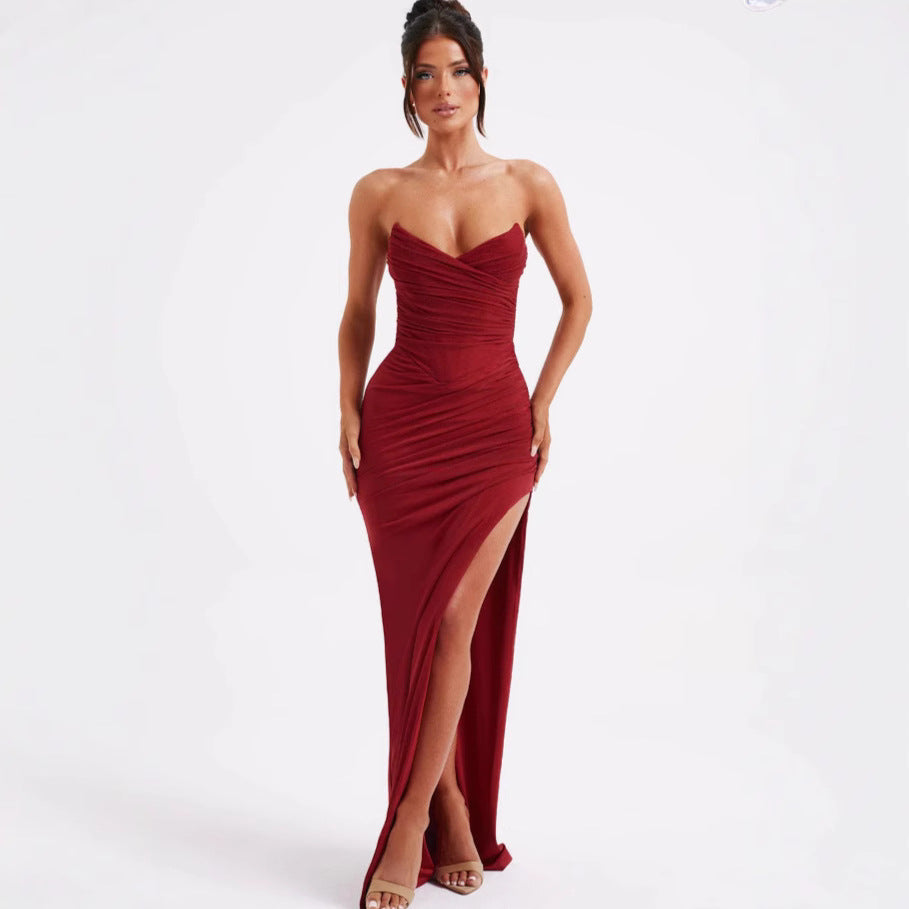 Damen Elegantes Wickelkleid mit schulterfreiem Design und hohem Schlitz EB