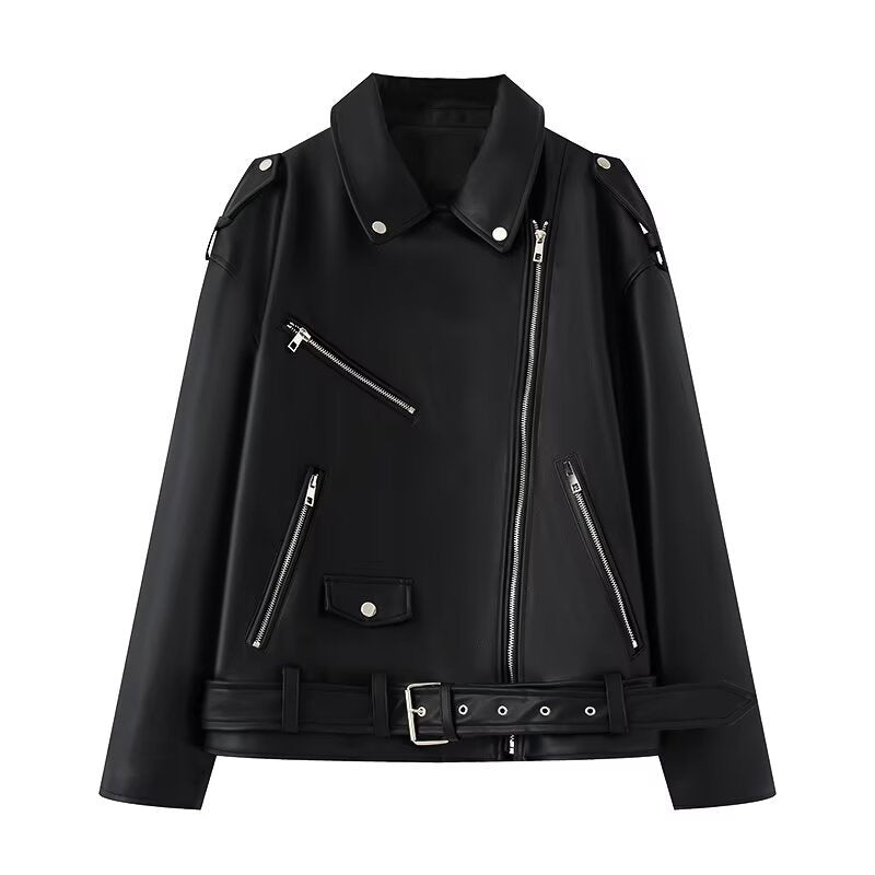 Damen Kunstleder Bikerjacke mit praktischen Reißverschlusstaschen und Gürtel EB