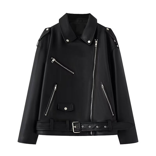 Damen Kunstleder Bikerjacke mit praktischen Reißverschlusstaschen und Gürtel EB