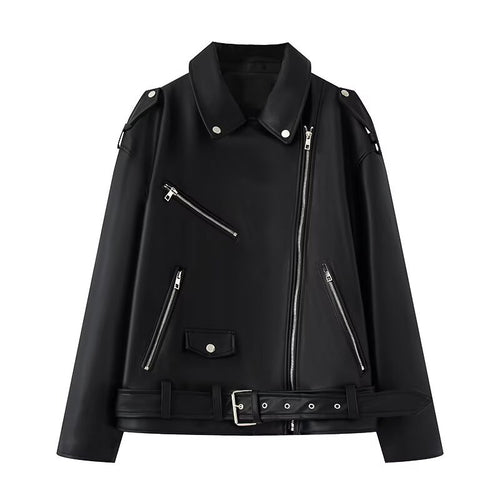 Damen Kunstleder Bikerjacke mit praktischen Reißverschlusstaschen und Gürtel EB
