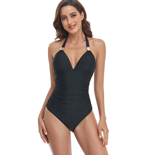 Damen einteiliger Badeanzug mit elegantem V-Ausschnitt und floralen Akzenten EB